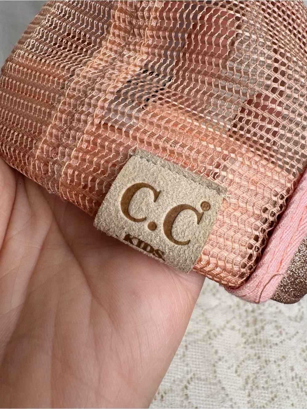 C.C Kids Rose Gold Glitter Ponytail Trucker Hat Adjustable Baseball Cap